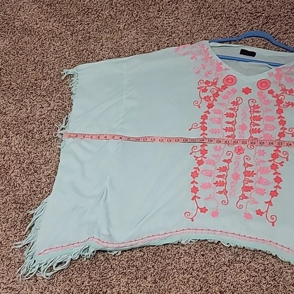 Embroidered Seafoam Swimsuit Coverup With Fringed Hem Pink And Coral One Size - Picture 10 of 10